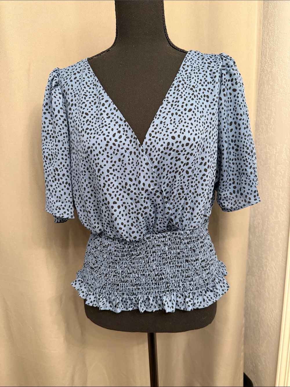 nine britton Sky Blue Smocked-Waist V-Neck Blouse with Black Dot Print